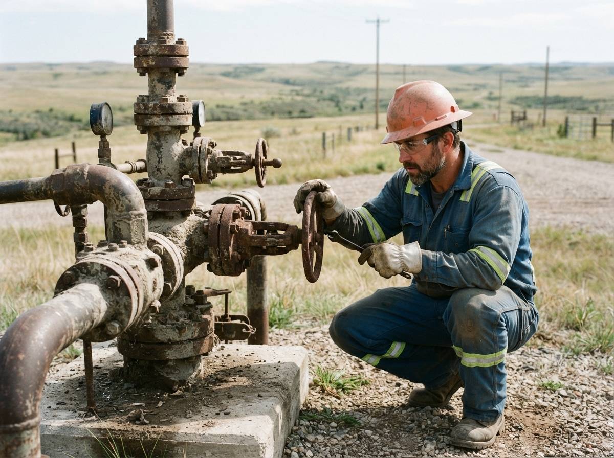 A field worker inspects a natural gas pipeline valve outdoors.