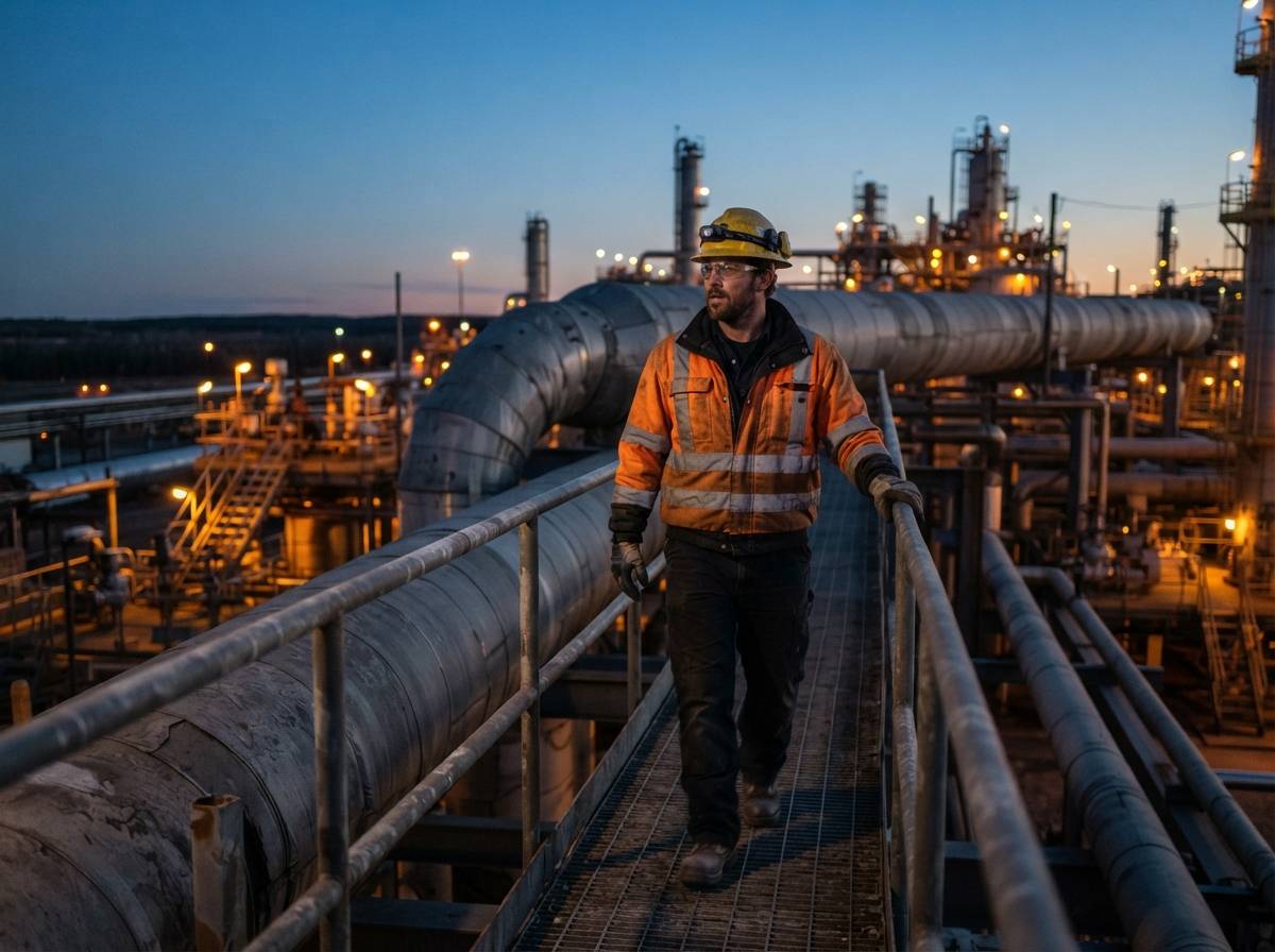 A pipeline worker walking along an elevated natural gas pipeline at dusk.