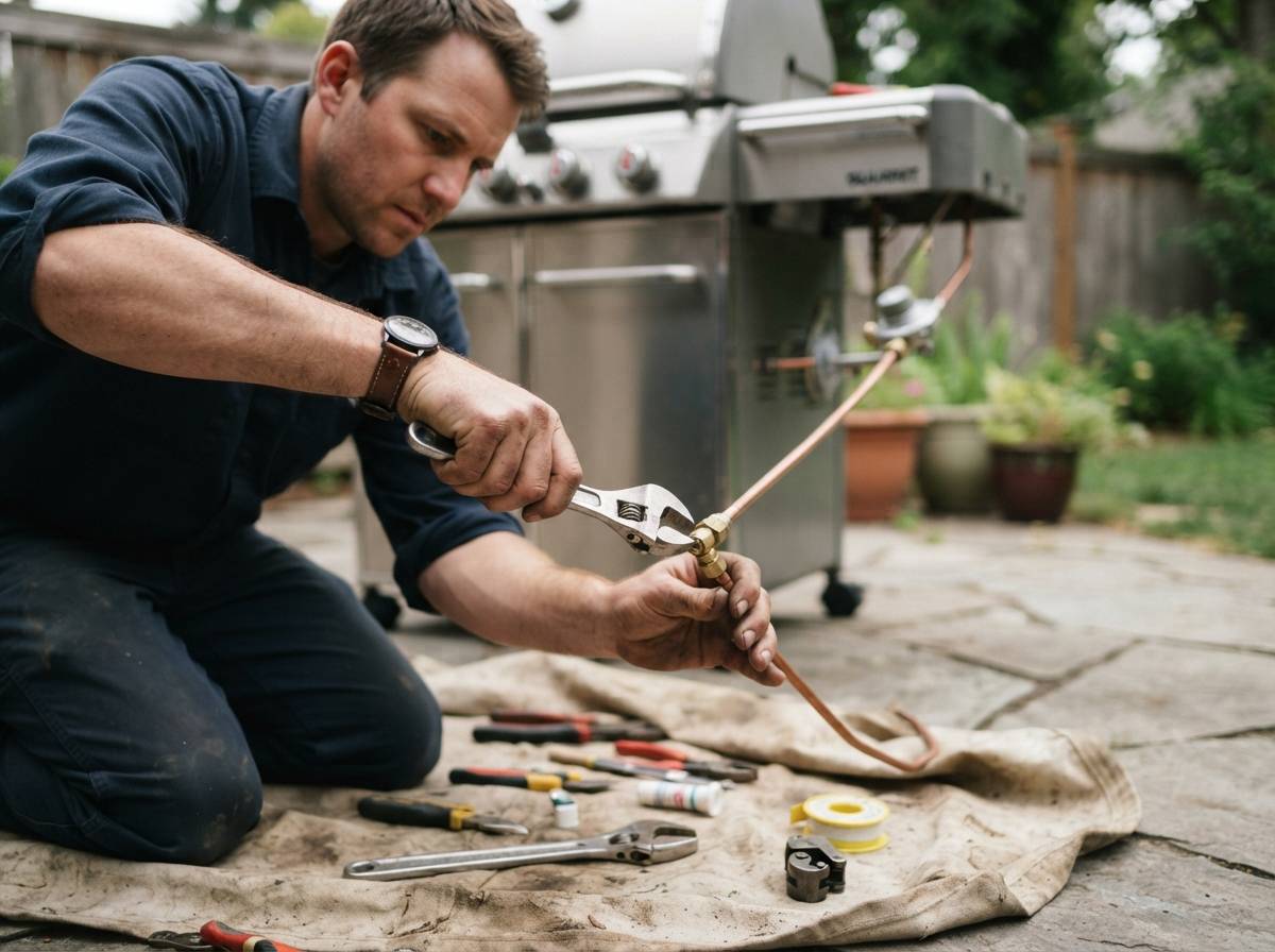 A plumber kneeling on a patio connects a copper gas line to a natural gas grill installation.