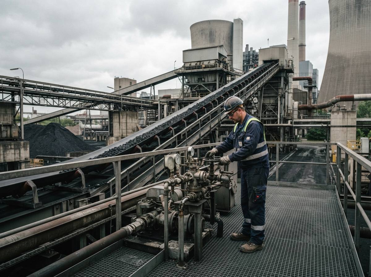 A power plant worker checks equipment beside a coal handling area in Europe.