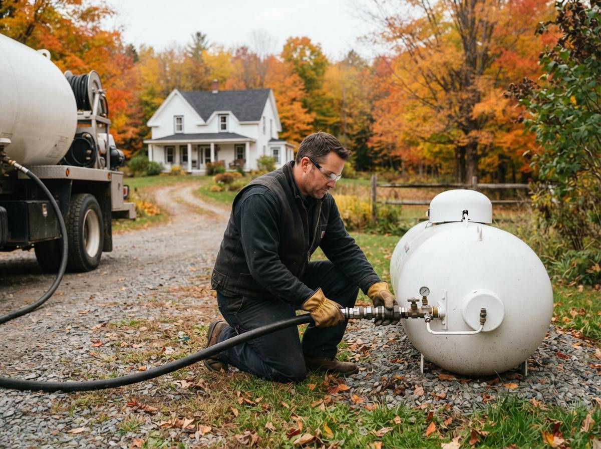 A propane delivery driver fills a residential tank on a rural property.