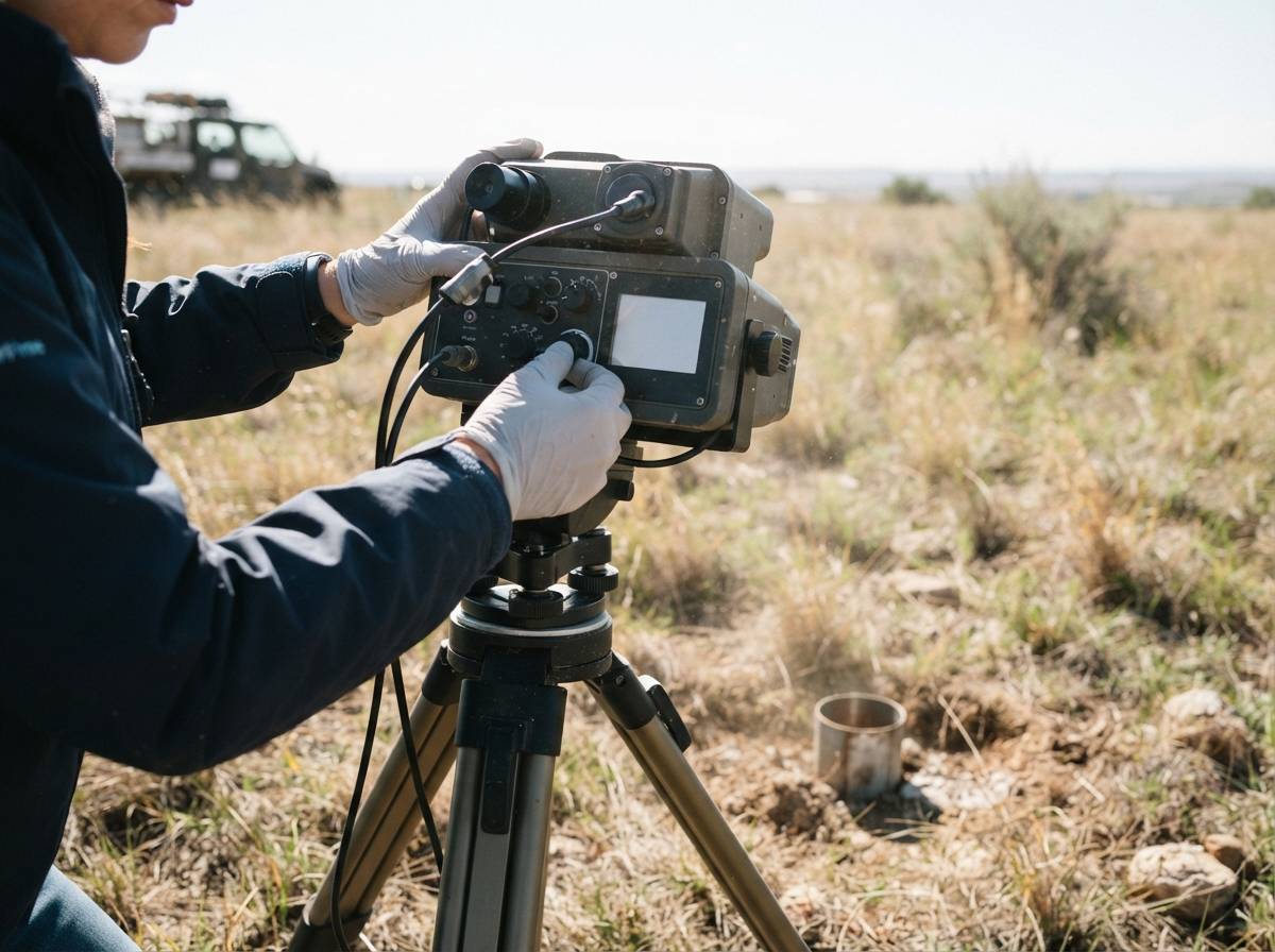 A scientist operates a tripod mounted gas monitoring instrument aimed at a small borehole opening in a dry grassy field.