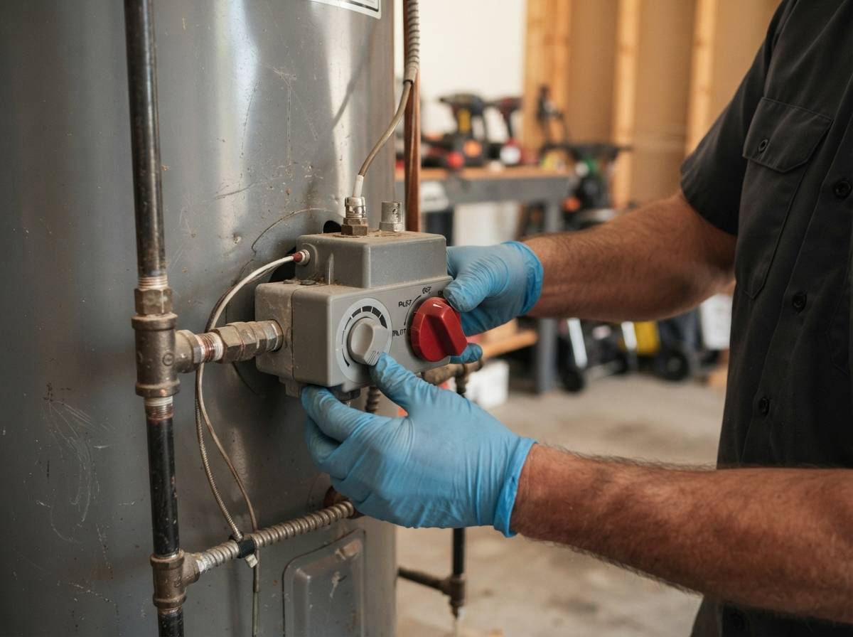 A technician adjusts the gas control valve on a residential natural gas water heater.