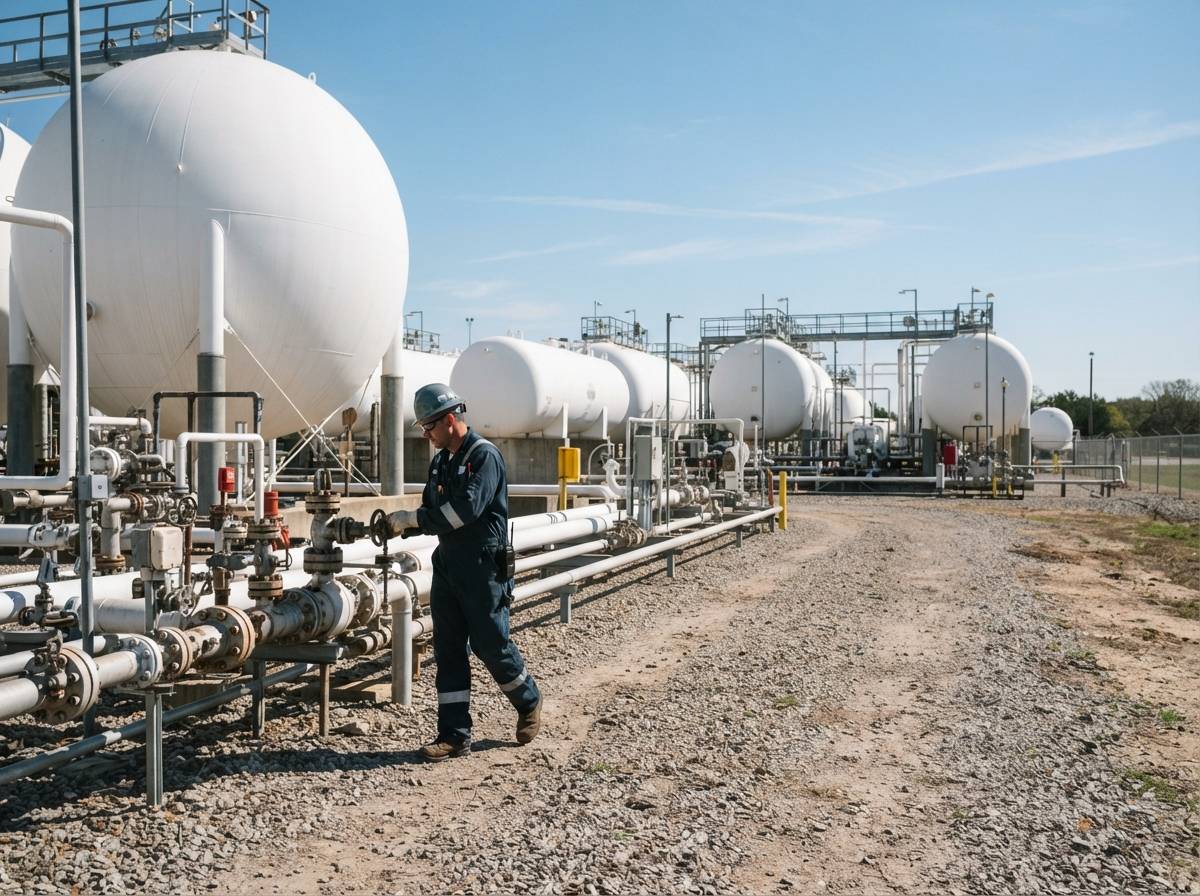 A technician inspects a pipeline valve at a natural gas storage facility with large storage tanks in the background.