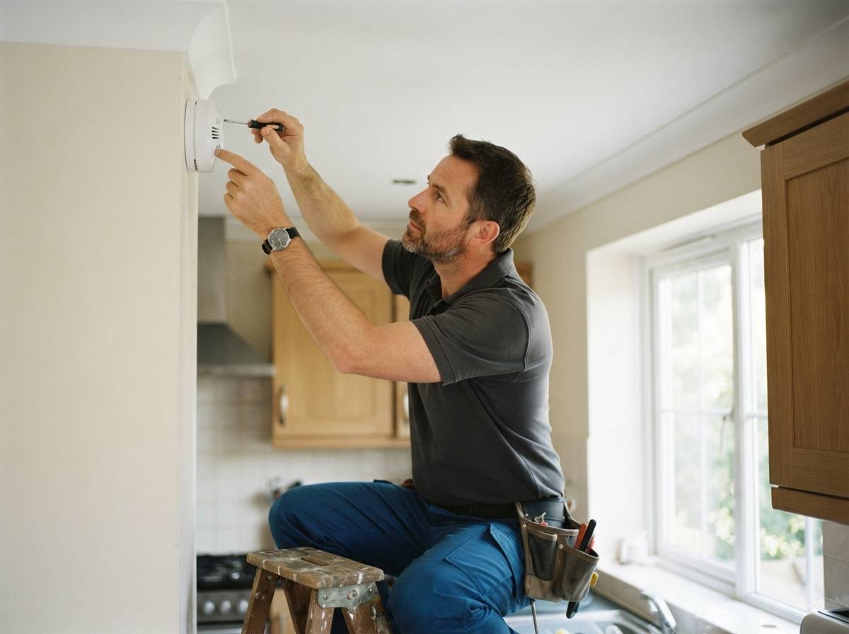 A technician mounting a natural gas detector near the ceiling of a kitchen.