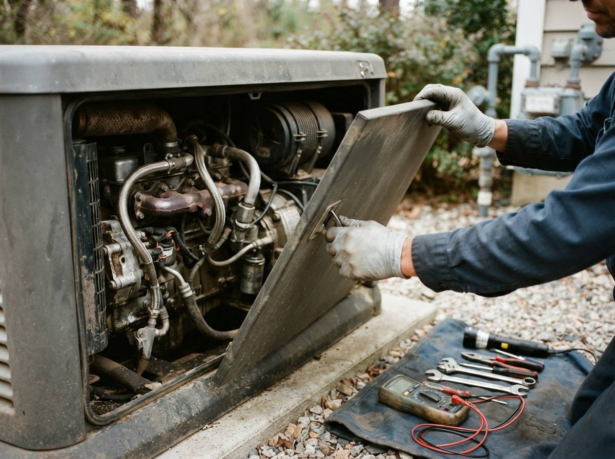 A technician opens the side panel of an outdoor natural gas generator to inspect its engine components with tools laid out nearby.