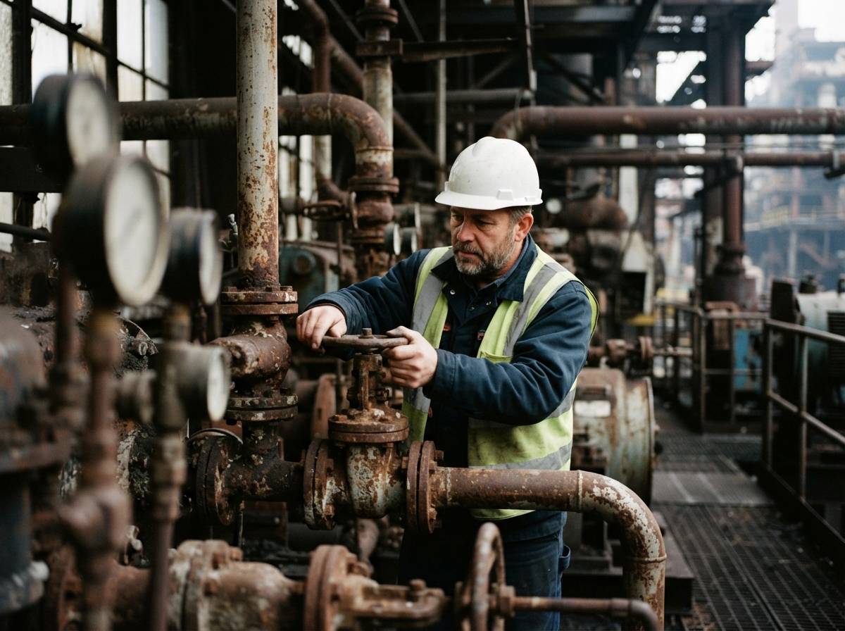 A utility worker in a hard hat inspects aging pipework at a coal fired power plant.