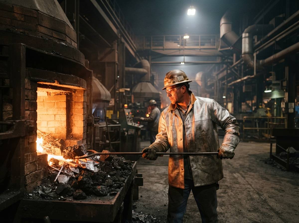 A worker handles material inside a steel mill.