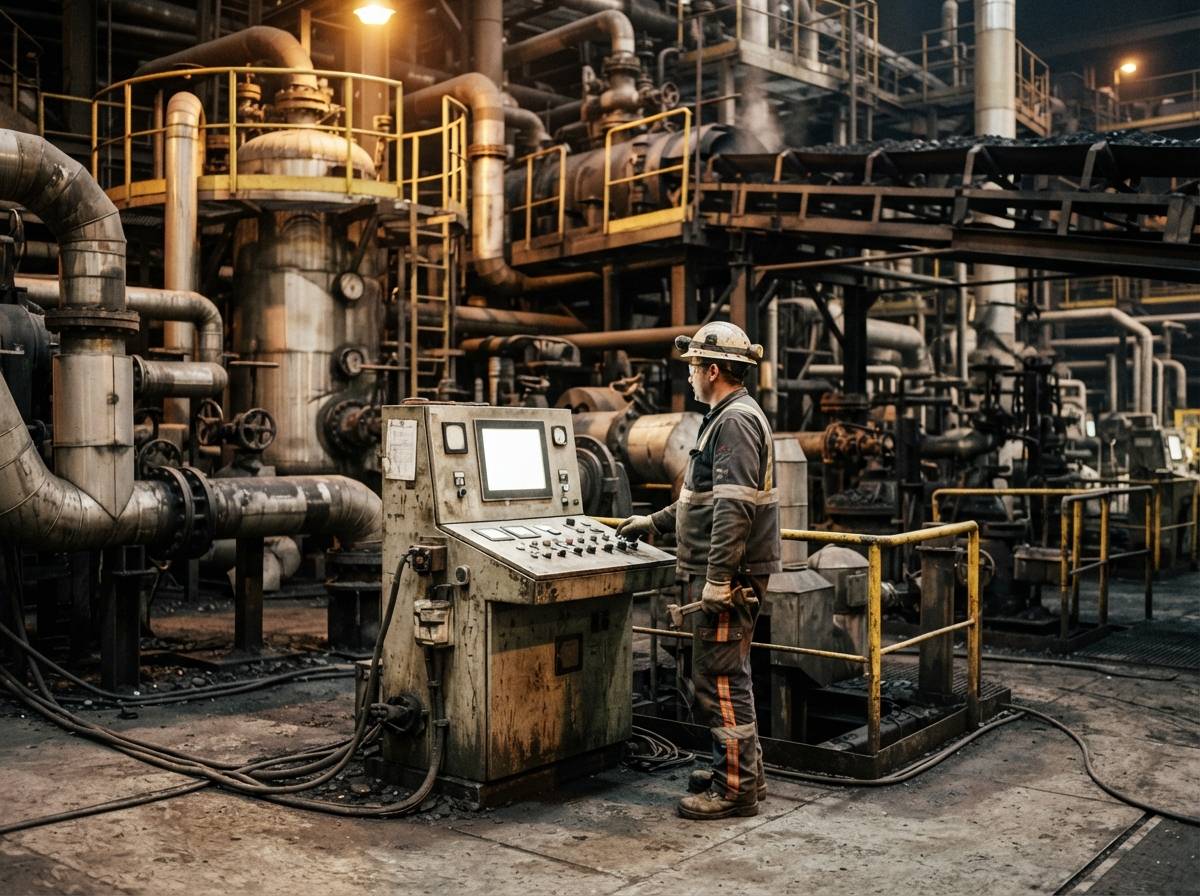 A worker inspects equipment inside a coal to liquids synthetic fuel processing plant.