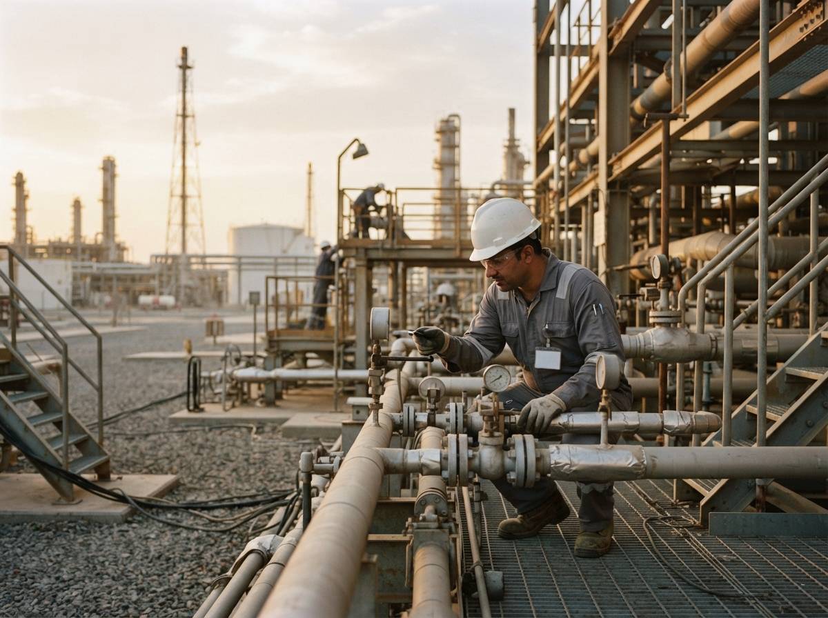 A worker inspects pipework near an LNG facility in Qatar.