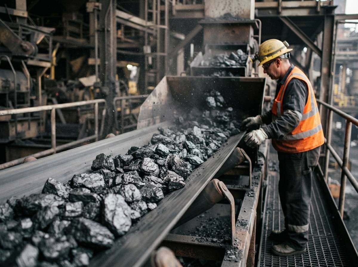 A worker inspects raw coal moving along a conveyor belt at a processing facility.
