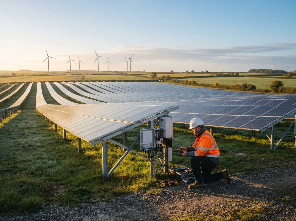 A worker inspects solar panels in a field with wind turbines turning in the background under morning light.