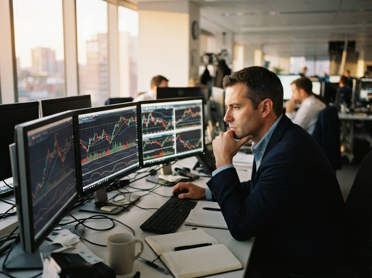 An energy analyst reviewing crude oil price charts on a trading desk in natural afternoon light.