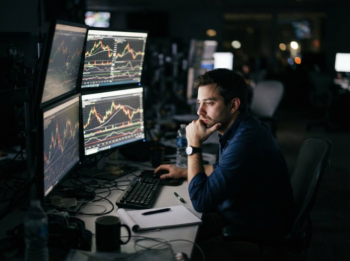 An energy trader studies gas price charts on computer monitors late at night in an office.