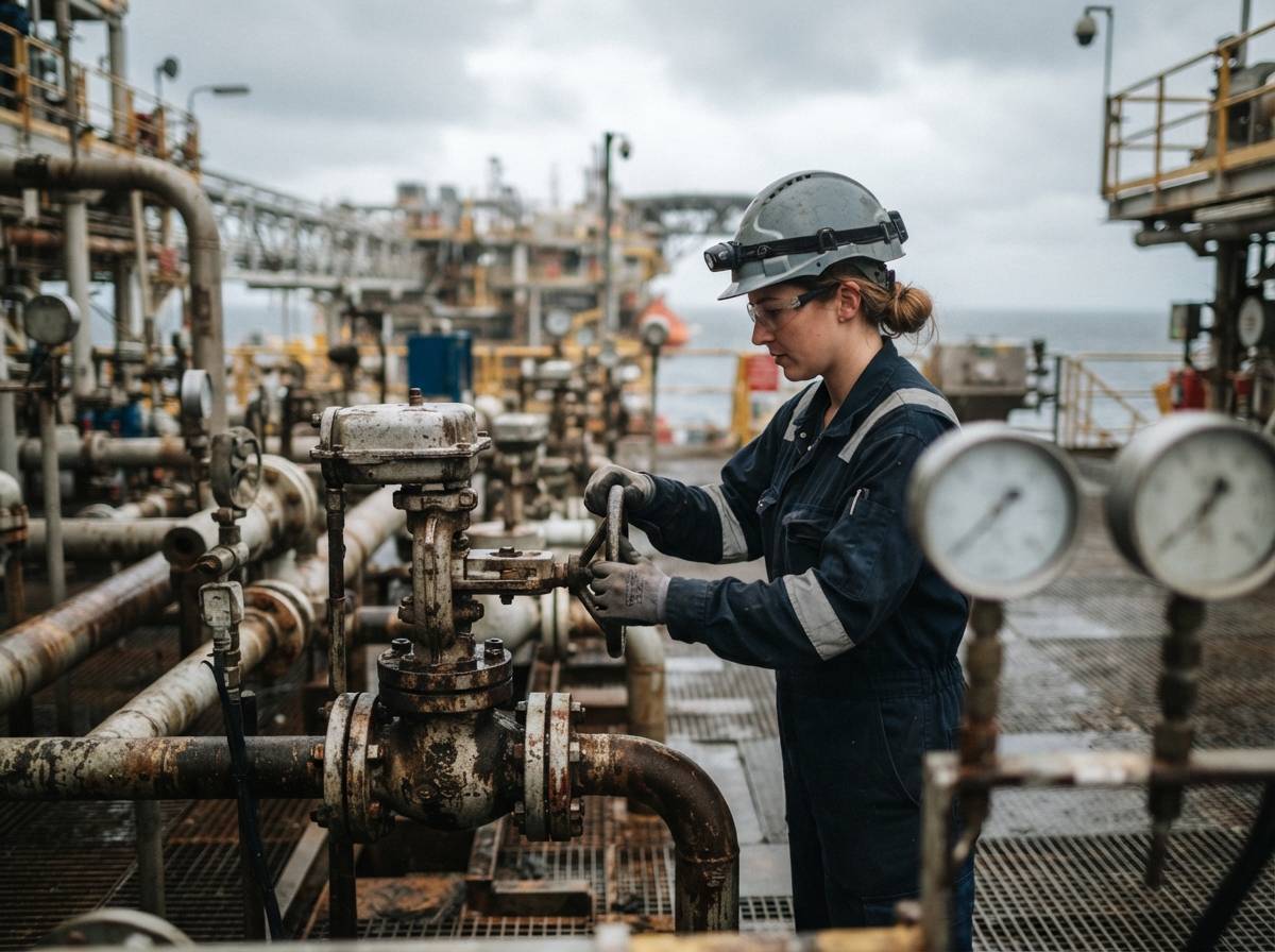 An engineer in safety gear inspects pipeline valves on an offshore gas platform deck.