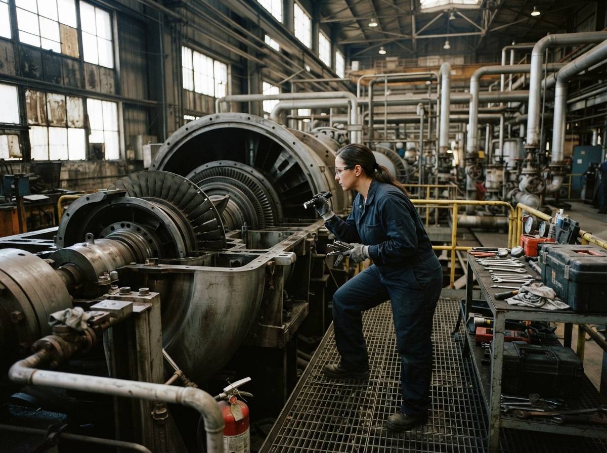 An engineer inspects gas turbine equipment inside an industrial power facility.