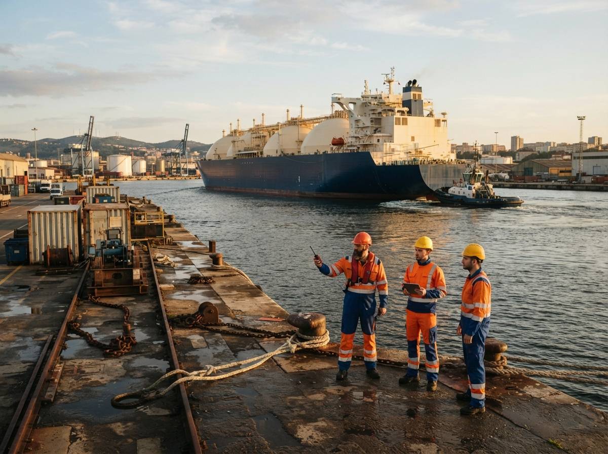 An LNG carrier approaches a European harbor as workers observe from the quay.