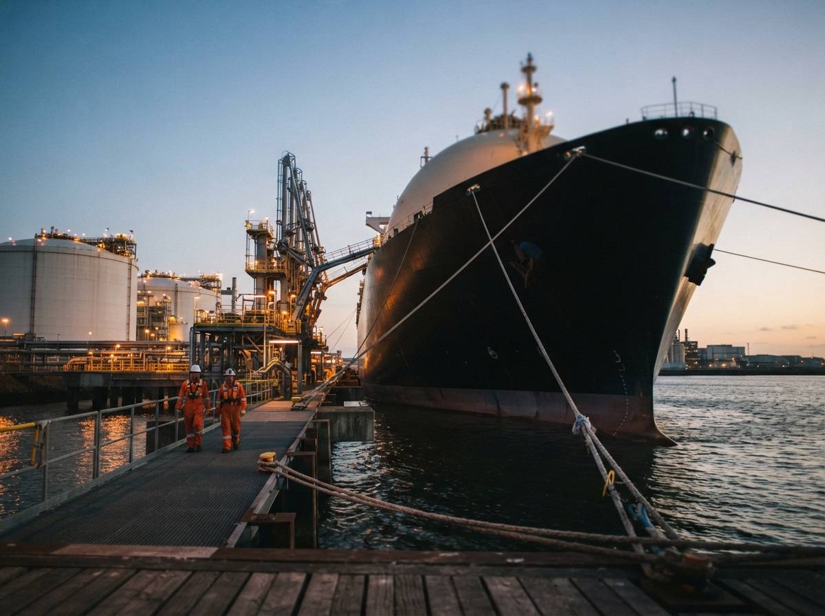 An LNG tanker ship docked at an export terminal with loading equipment visible in the evening light.