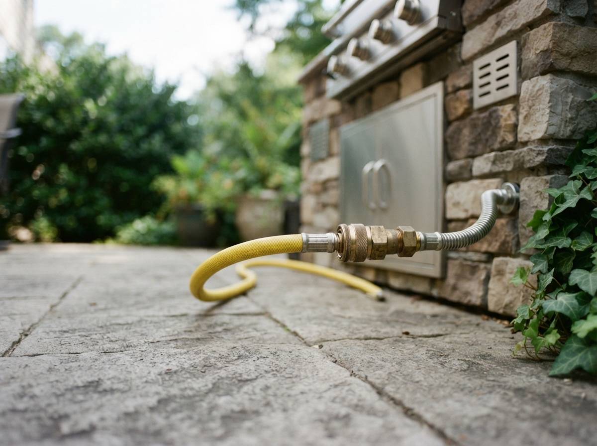 Close up of a flexible gas hose connected to a quick disconnect fitting near an outdoor patio gas grill.