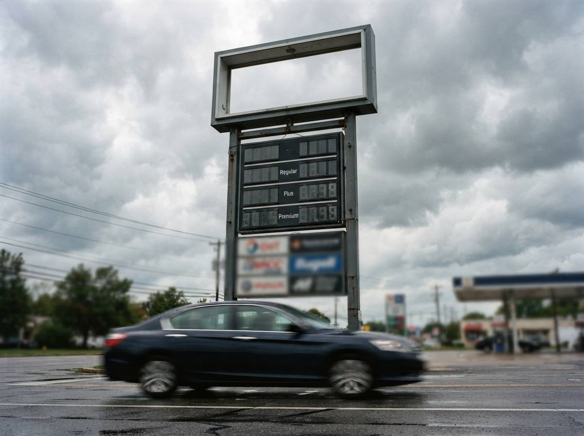 Close up of a gas station price sign displaying fuel prices against a cloudy sky.