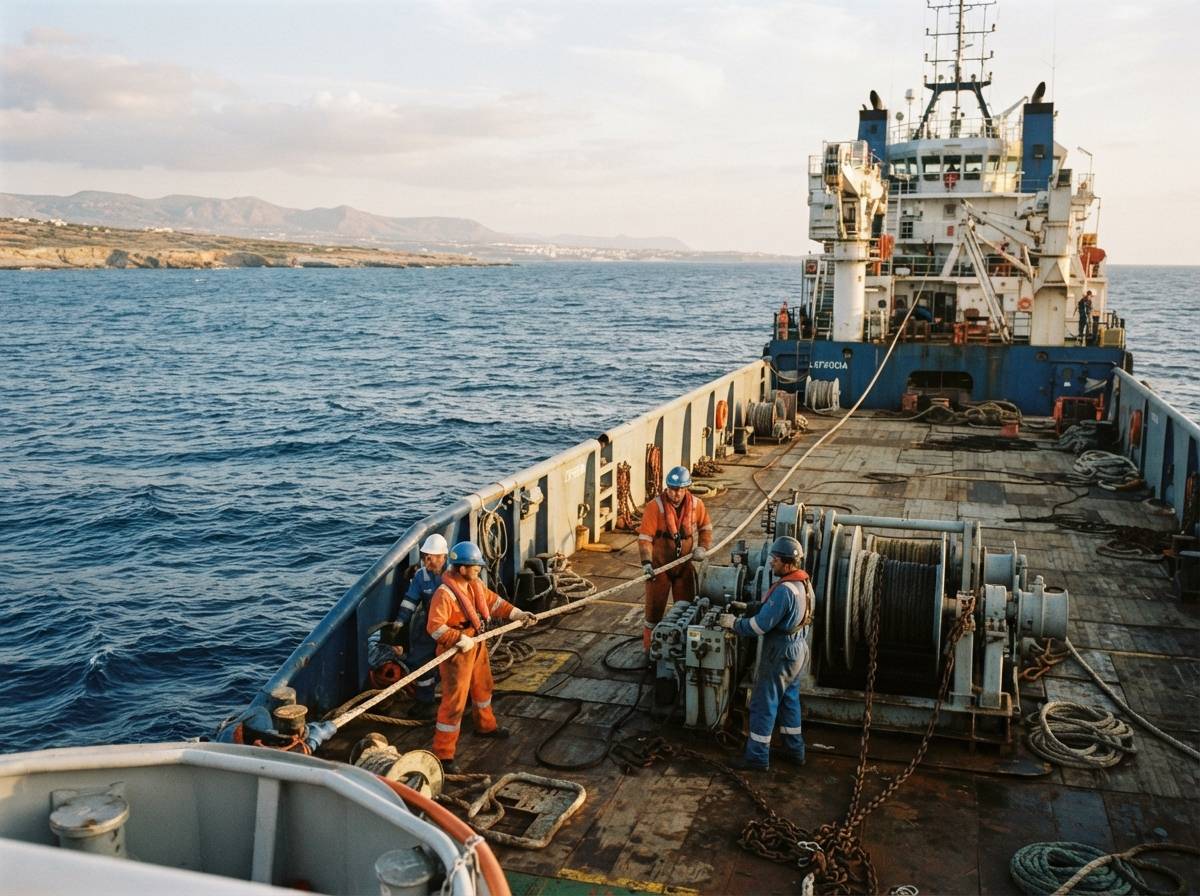 Crew members work aboard an offshore gas support vessel near the Cyprus coast.