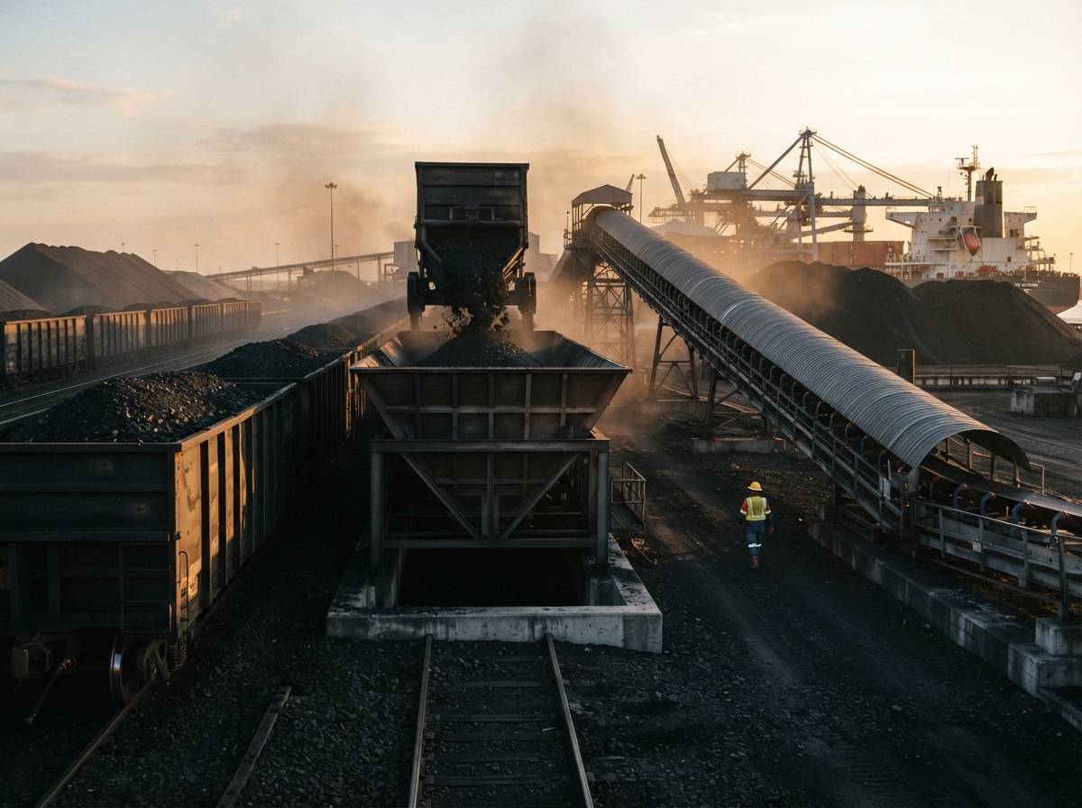 Rail cars unload coal onto a conveyor system at a export terminal as a worker in a hard hat looks on.