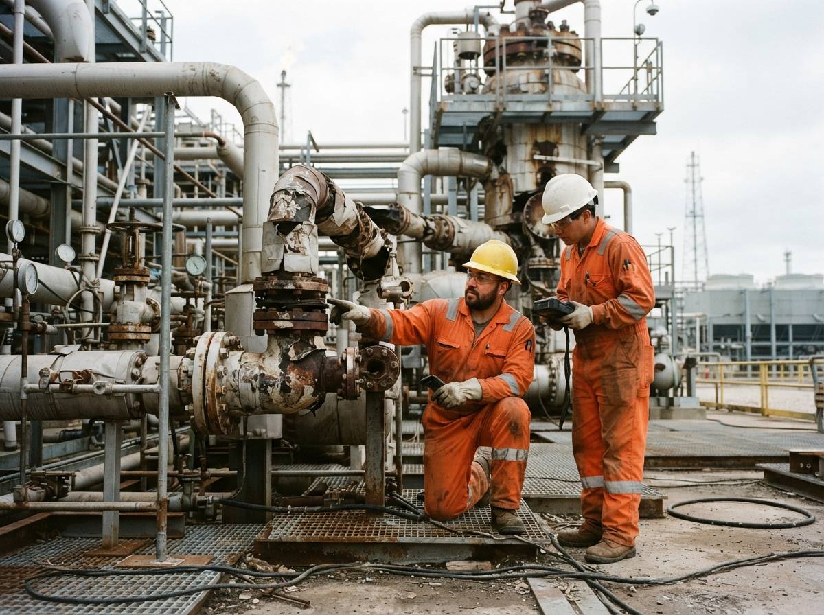Repair crews examine pipework at a gas processing facility.