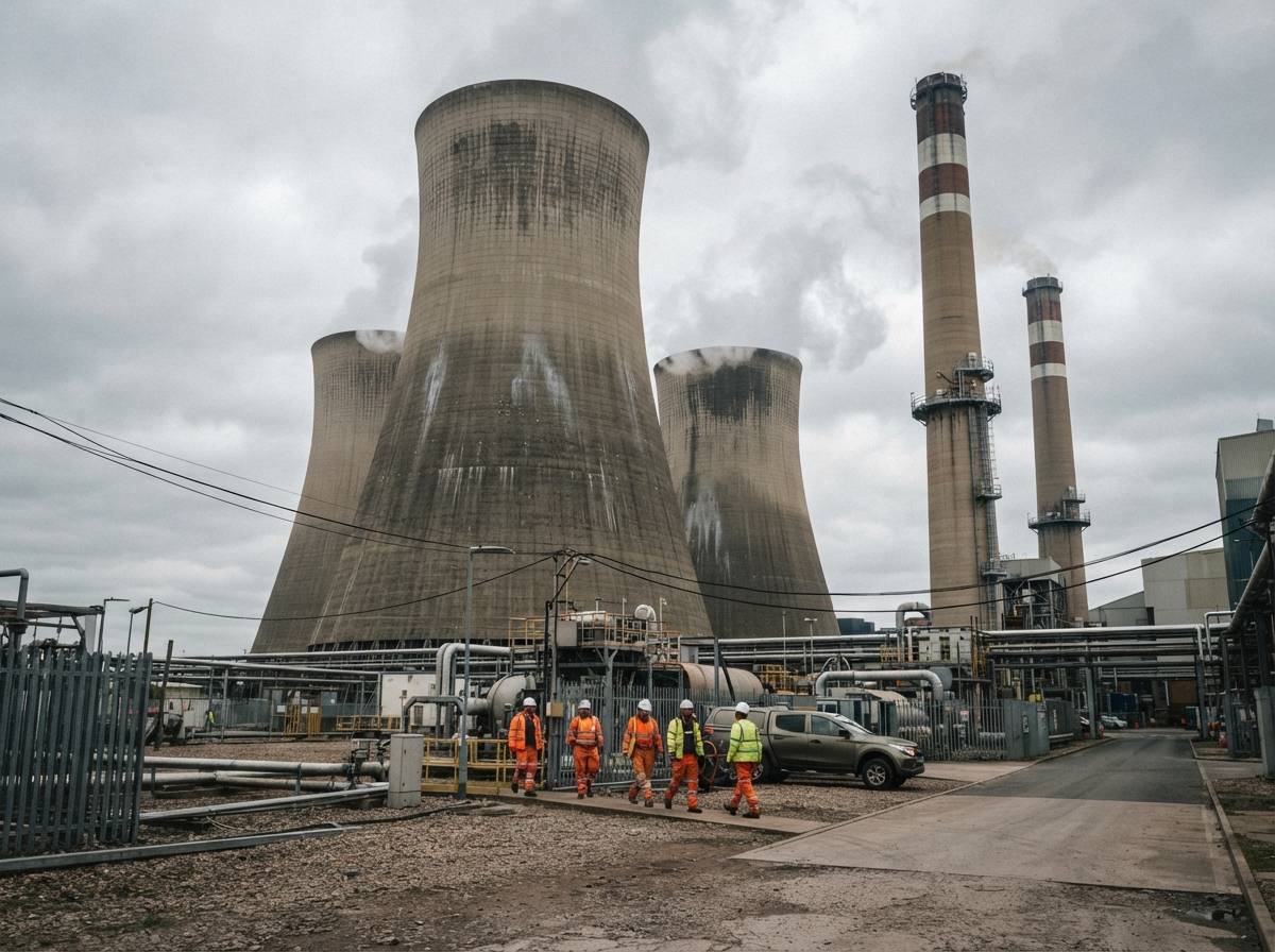 Smokestacks and cooling towers rise from a coal fired power plant under an overcast sky.