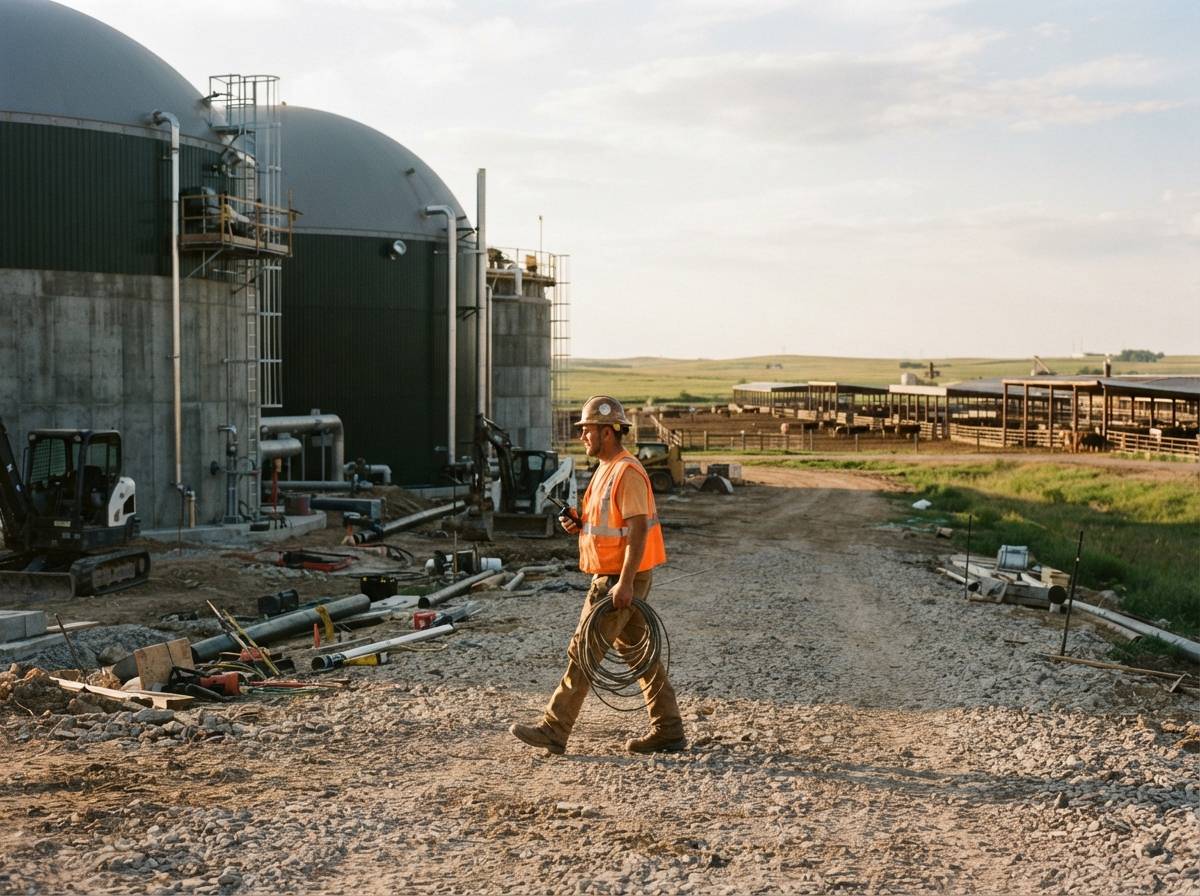 Worker inspecting digester tanks under construction at a Nebraska facility.
