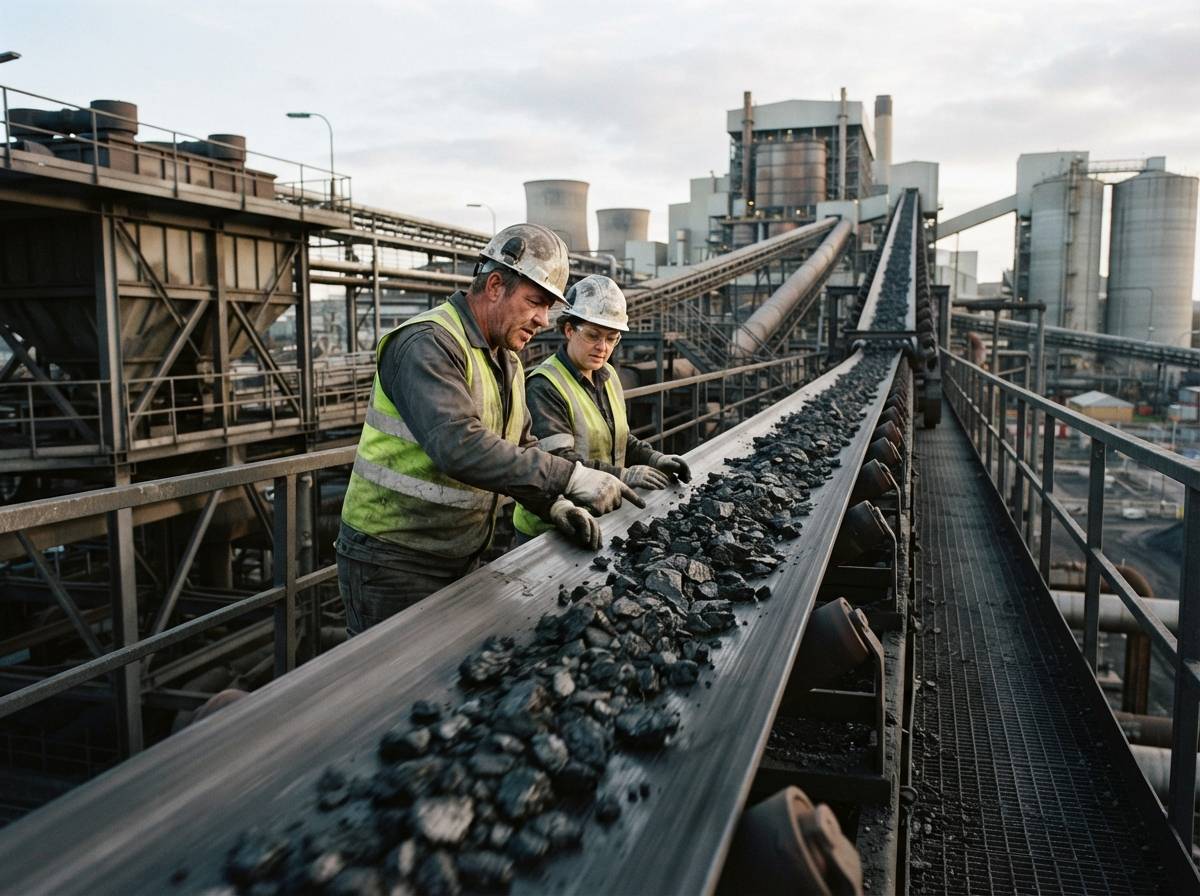 Workers check coal moving along an outdoor conveyor at a power station.
