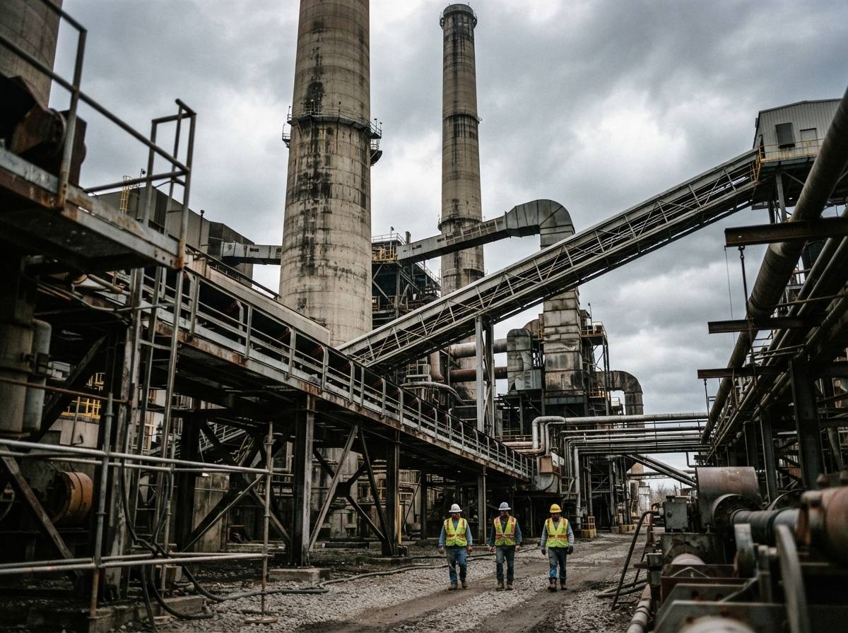 Workers in hard hats near coal conveyor equipment beneath tall industrial smokestacks.