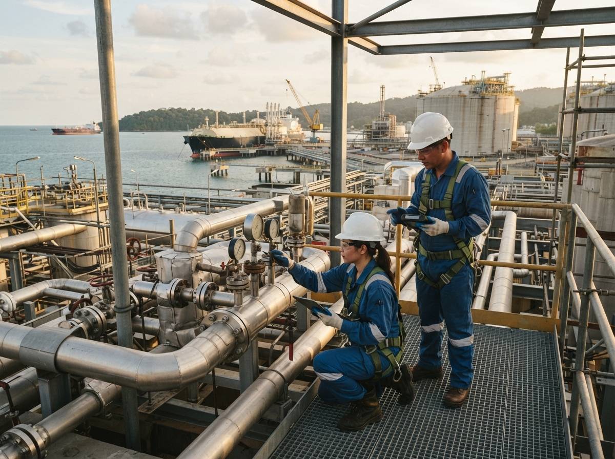 Workers inspect equipment at a coastal LNG terminal in Southeast Asia.