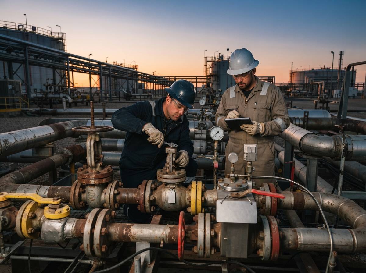 Workers inspect pipes and valves at a natural gas storage facility.