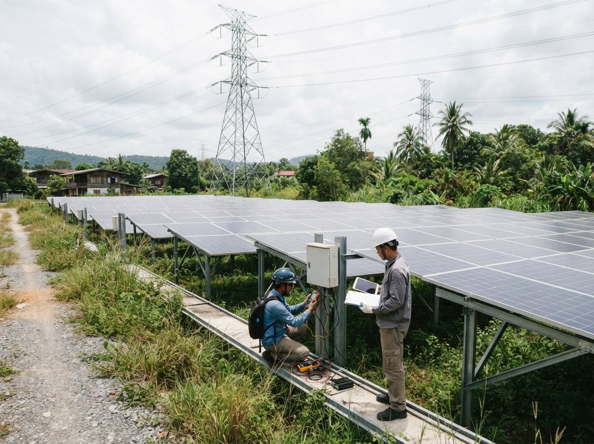 Workers inspect solar panels beneath transmission towers in a rural Southeast Asian setting.