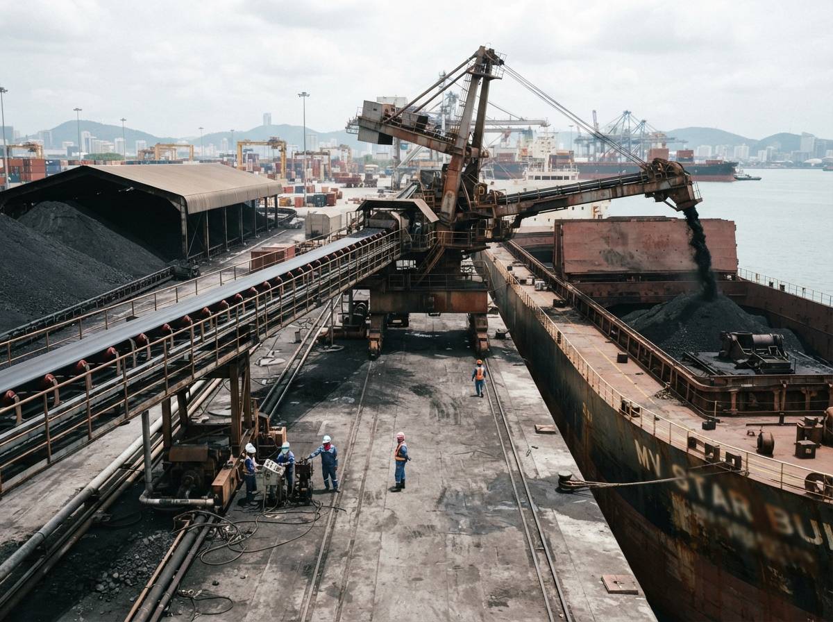 Workers load coal onto a cargo ship at a busy port terminal.