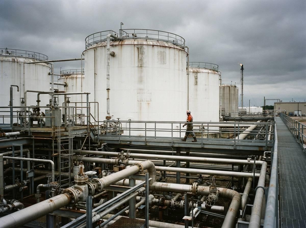 Workers walk along a catwalk near large natural gas storage tanks and pipelines.